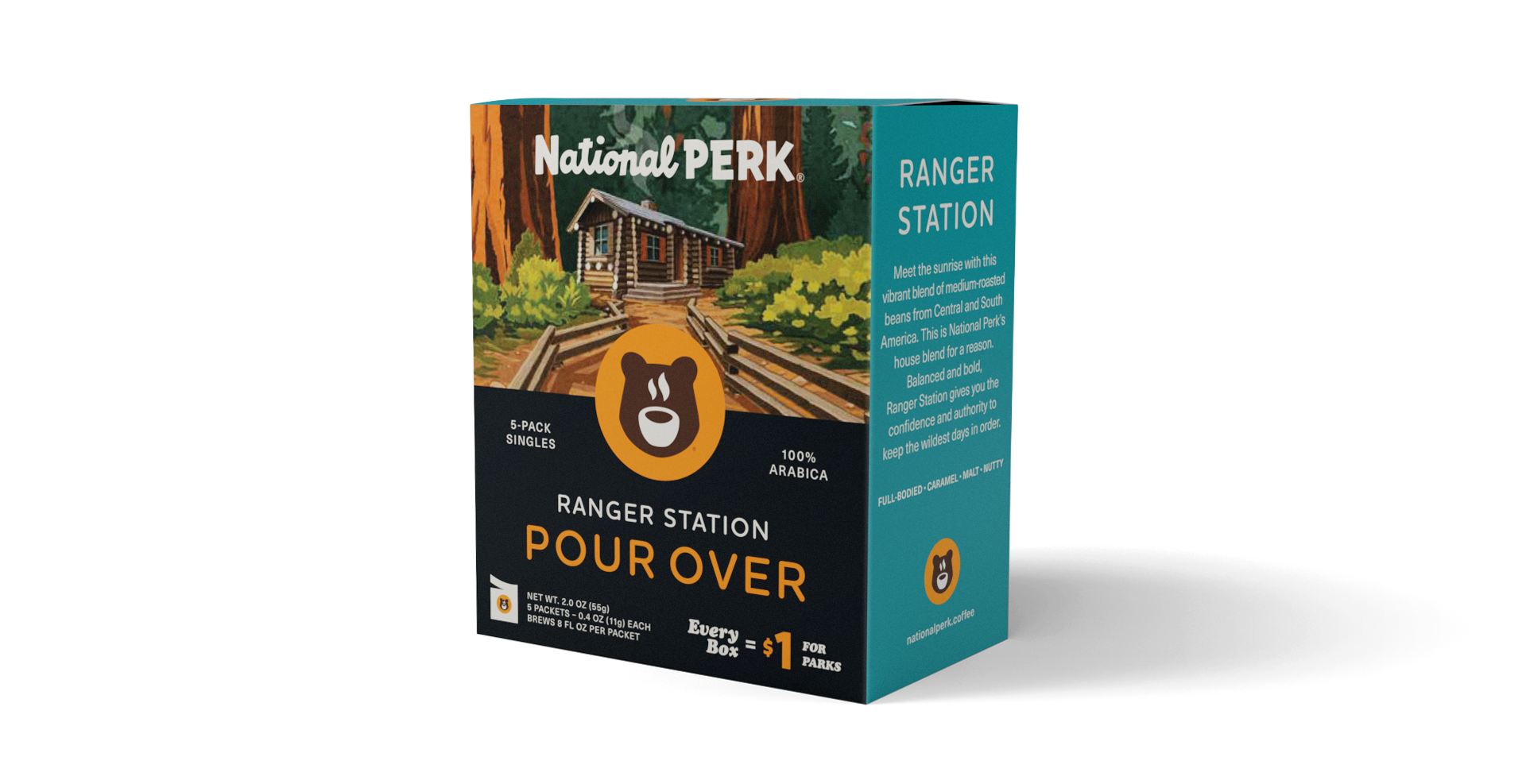 Box of National Perk Ranger Station Pour Over coffee on a white background